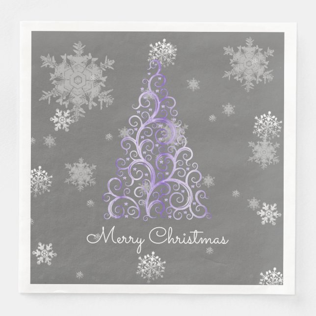 Purple Christmas Tree and Snowflakes Paper Napkin (Front)