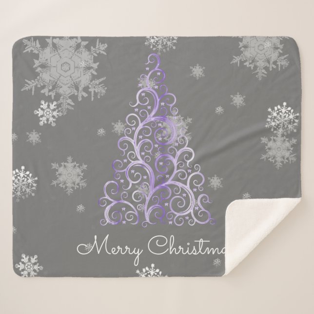 Purple Christmas Tree and Snowflakes Sherpa Blanket (Front (Horizontal))