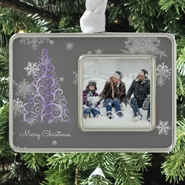 Purple Christmas Tree and Snowflakes Silver Plated Framed Ornament (Purple Christmas Tree and Snowflakes Framed Ornament)