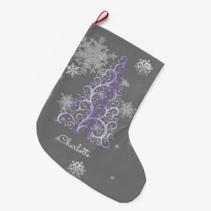 Purple Christmas Tree and Snowflakes Stocking