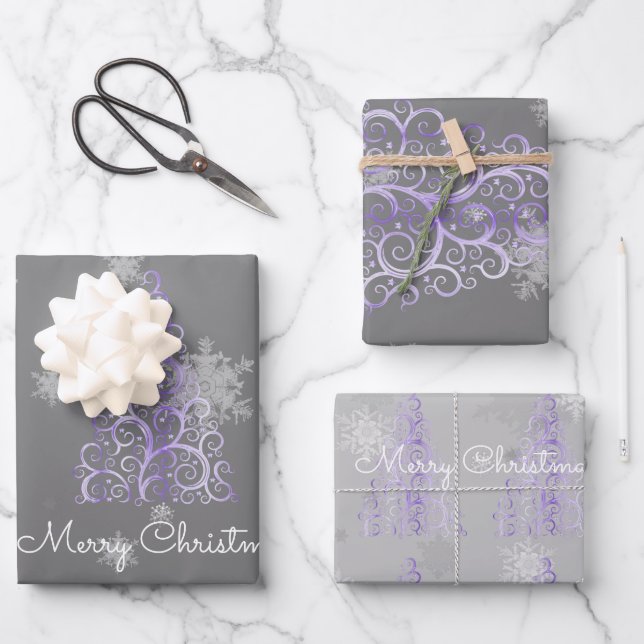 Purple Christmas Tree and Snowflakes Wrapping Paper Sheet (Front)