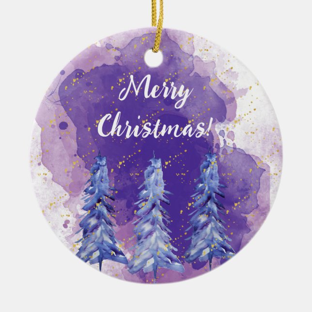 Purple Christmas Tree Golden Snowflakes Ceramic Tree Decoration (Front)