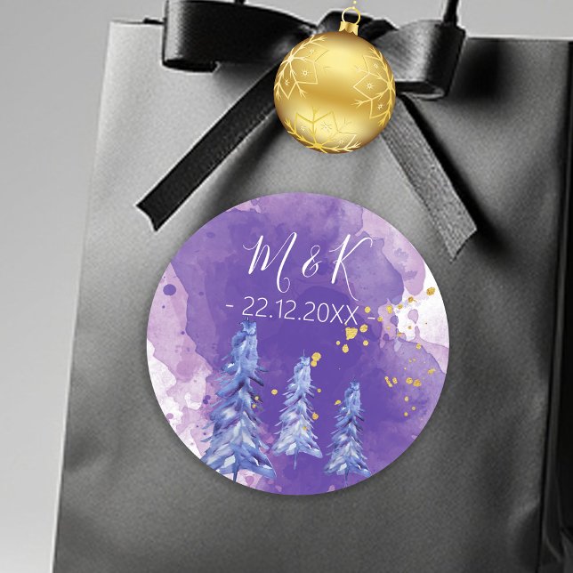 Purple Christmas Tree Golden Snowflakes Classic Round Sticker (Creator Uploaded)