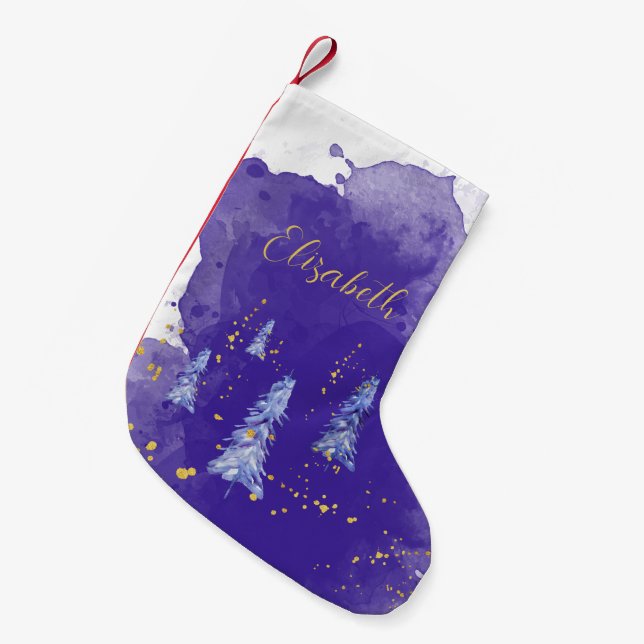 Purple Christmas Tree Golden Snowflakes Small Christmas Stocking (Front (Hanging))