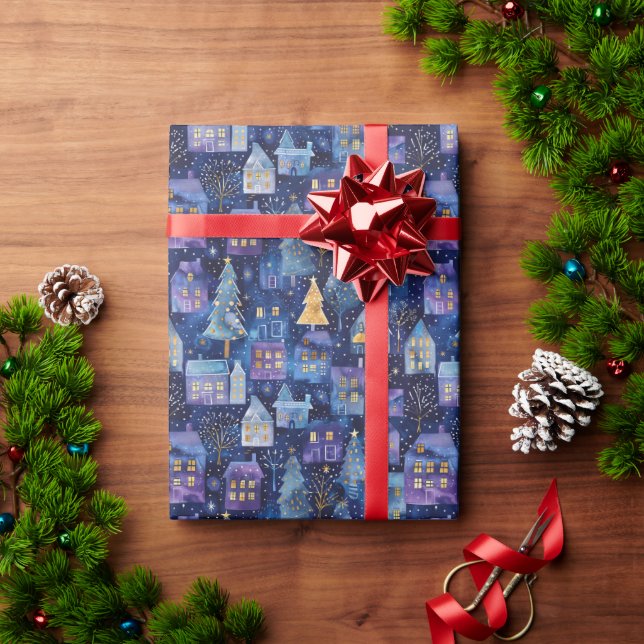 Purple Christmas Village With A Christmas Tree Wrapping Paper (Holiday Gift)