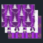 Purple Christmas Wrapping Paper Sheet<br><div class="desc">This purple Christmas wrapping paper set features three very distinct purple patterns for your Christmas gift wrapping: a contemporary pattern of white Christmas trees with the words 'Be Merry' in white scattered around very modern-looking white Christmas trees, the second sheet has an adorable pattern of little snowmen dressed in purple...</div>