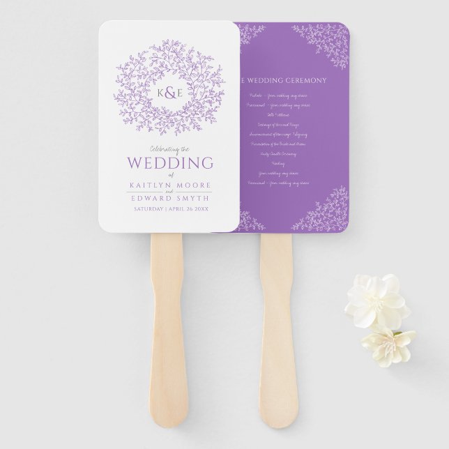 Purple circle of leaves monogram wedding program hand fan (Front and Back)