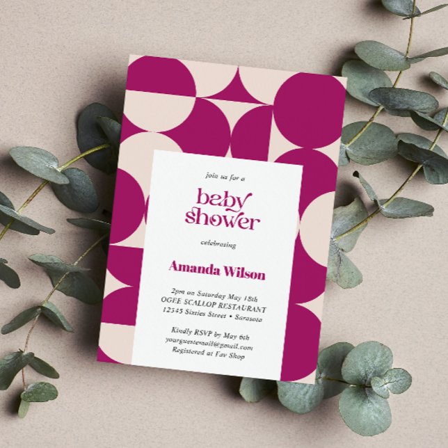 Purple Circle Scallop Mid Century Baby Shower Invitation (Purple Gender Neutral Mid Century Modern baby shower invitation. Retro Vintage)