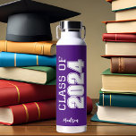 Purple Class of 2024 Personalised Graduation Water Bottle<br><div class="desc">This classic purple custom senior graduate water bottle features bold white typography reading class of 2024 in varsity letters for a high school or college graduation party keepsake gift. Customise with your name in elegant cursive script underneath for a great commemorative favour.</div>