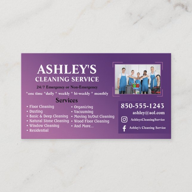 Purple Cleaning Service Business Card  (Front)