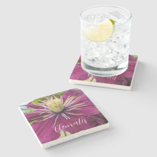Purple Clematis Bloom Floral Stone Coaster