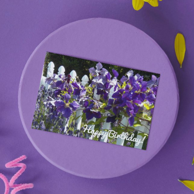 Purple Clematis on White  Fence Floral Birthday Card (In Situ)