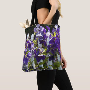 Purple Clematis on White Fence Floral Tote Bag