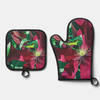 Purple Clematis Painting Oven Mitt & Pot Holder Set