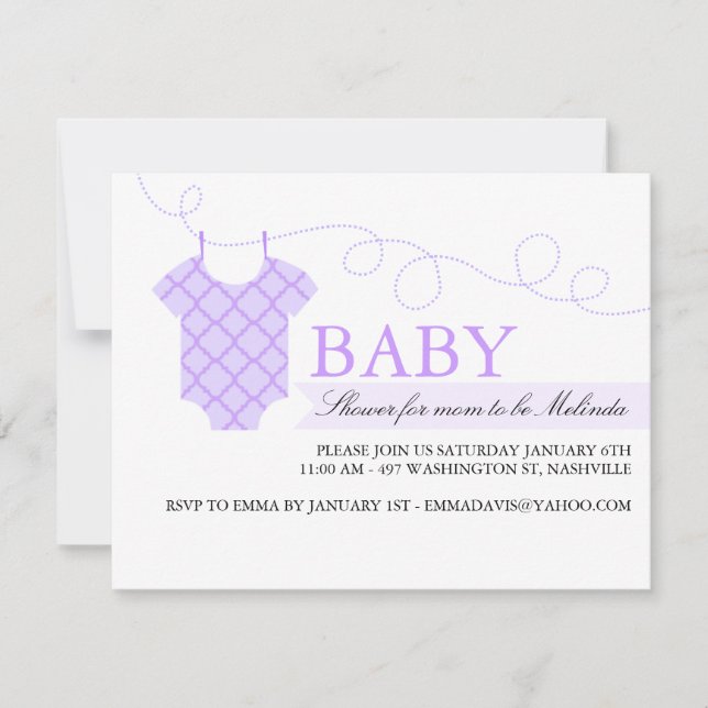 Purple clothesline Modern Baby Shower Invitation (Front)