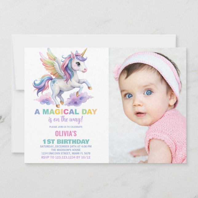 Purple Cloud Unicorn Birthday Invitations photo (Front)