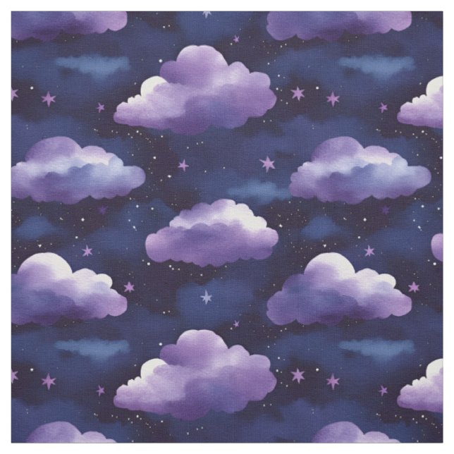 Purple Clouds & Stars on Black Fabric (Swatch)