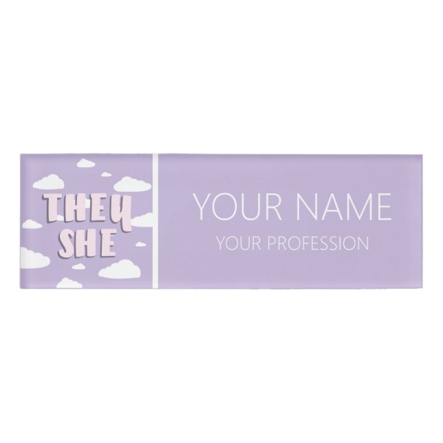 Purple Clouds They She Pronouns Name Tag (Front)