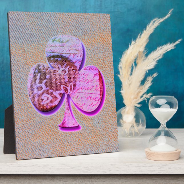 Purple clover on orange and blue denim plaque (Side)