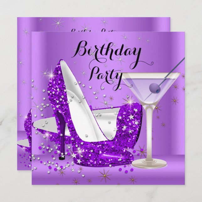 Purple Cocktail Glitter High Heels Birthday Party Invitation (Front/Back)