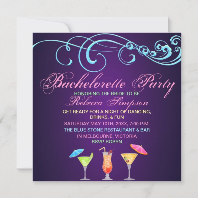 Purple Cocktail Time Bachelorette Party Invitation (Front)