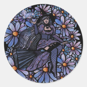 Purple Coffee Witch Daisy Art                      Classic Round Sticker
