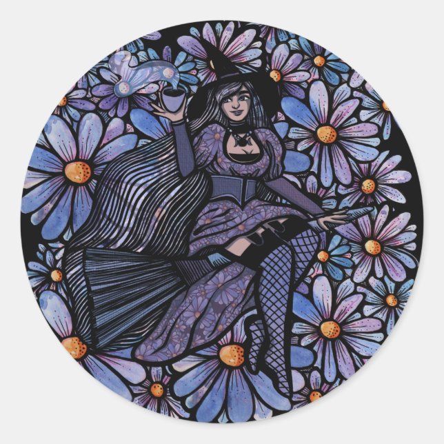 Purple Coffee Witch Daisy Art                      Classic Round Sticker (Front)