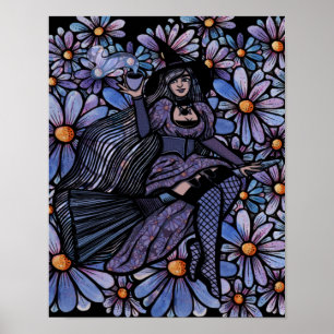 Purple Coffee Witch Daisy Art Poster