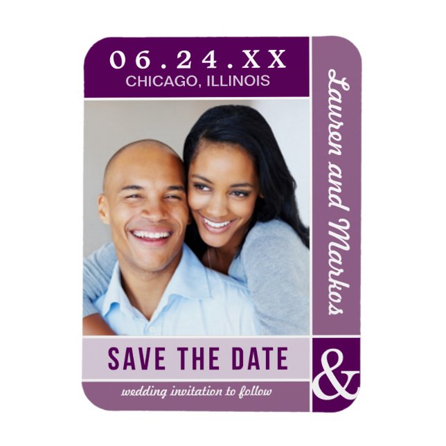 Purple Colorblock Wedding Photo Save the Date Magnet (Vertical)