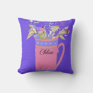 Purple Colorful Flowers In A Mug Original Design Cushion