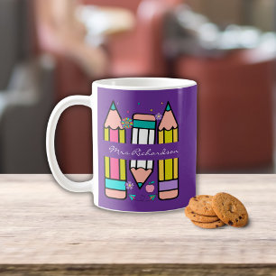 Purple Colorful teacher name pencil cartoon Coffee Mug
