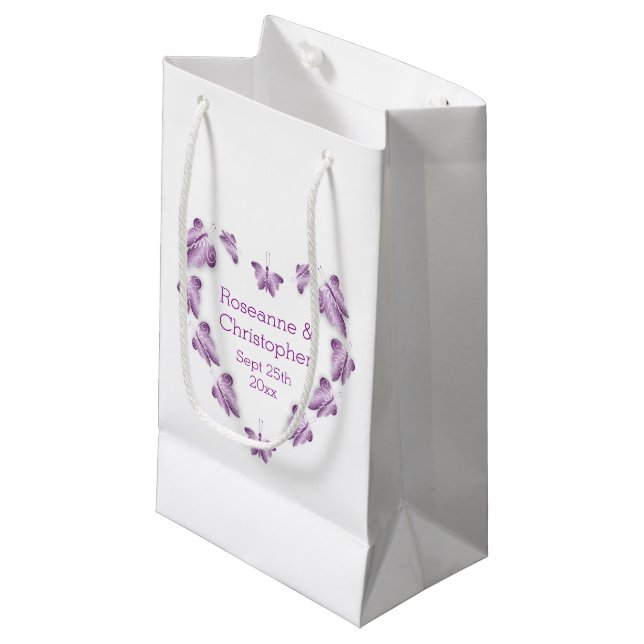 Purple Coloured Butterflies Design Wedding Small Gift Bag (Front Angled)