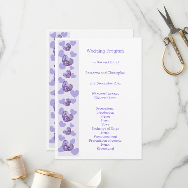 Purple Coloured Wisteria Heart Design Wedding Programme (Front/Back In Situ)