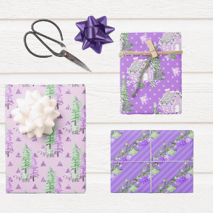 Purple Colourful Christmas Trees Holiday Wrapping Paper Sheet