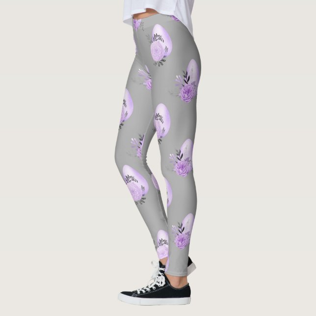 Purple Colourful Flower Botanical Easter Egg Style Leggings (Left)