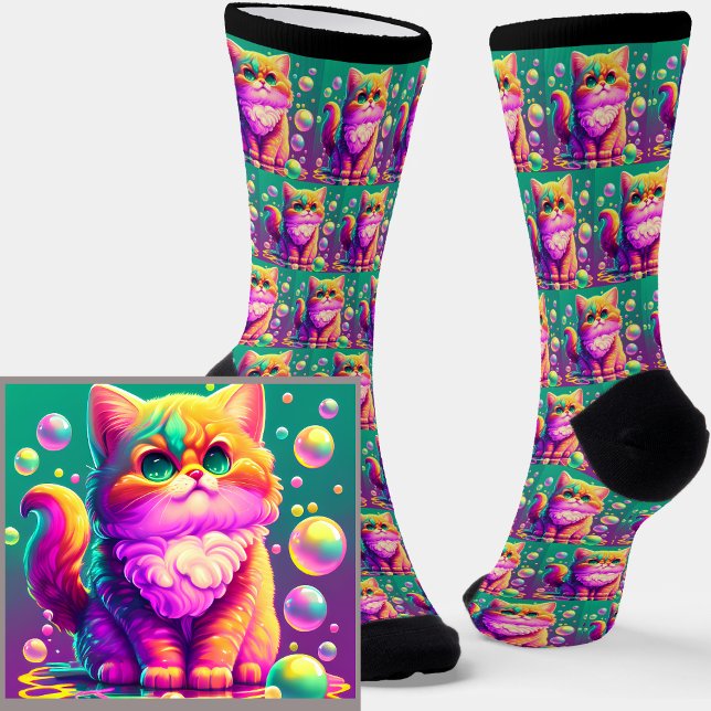 Purple Colourful Gorgeous Cat Fantasy on Green     Socks (Creator Uploaded)