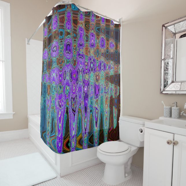 Purple Colourful Groovy Abstract Retro Atomic Wave Shower Curtain (In Situ)