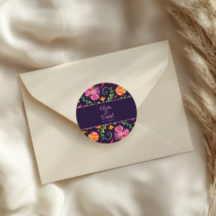 Purple Colourful Mexican Floral Fiesta Wedding  Classic Round Sticker