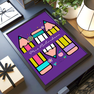 Purple Colourful Teacher Cartoon Pencil Poster