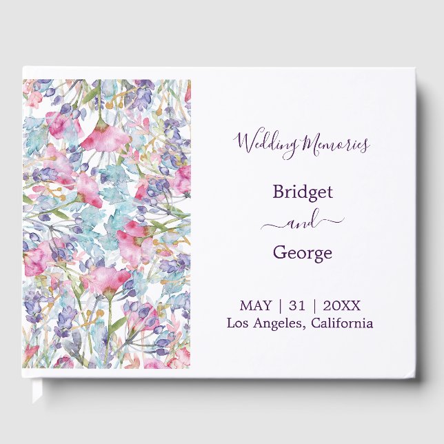 purple colourful wildflower greenery wedding guest book (Front)