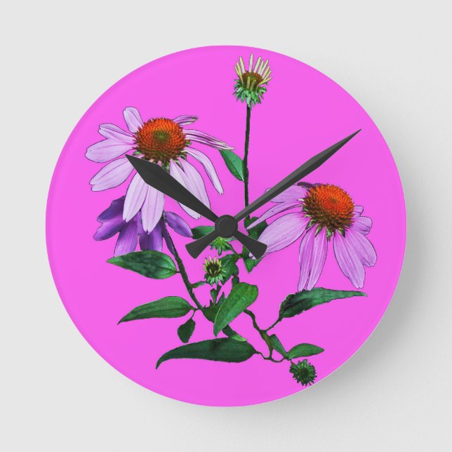 Purple Coneflower On Pink Round Clock (Front)