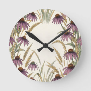 Purple Coneflower Wheat Botanical Round Clock