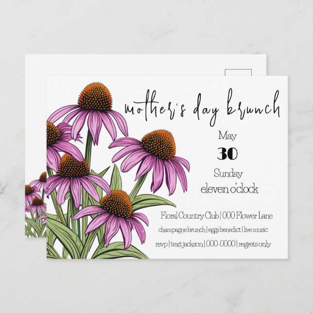 Purple Coneflower | Wildflowers Mum's Day Brunch Invitation Postcard (Front/Back)