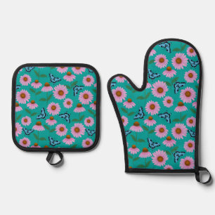 Purple coneflowers and butterflies pattern oven mitt & pot holder set