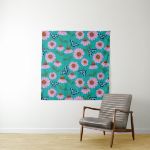 Purple coneflowers and butterflies pattern tapestry