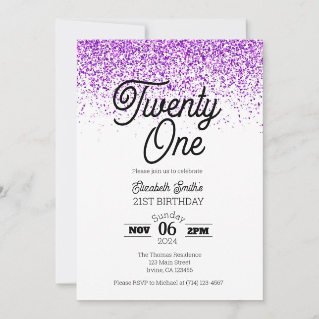 Purple Confetti 21st Birthday Invitation (Front)