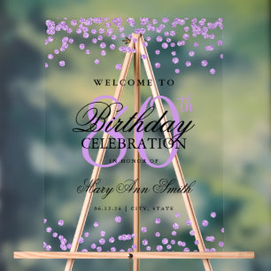 Purple Confetti Glitter 80th Birthday Welcome  Acrylic Sign