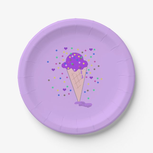 Purple Confetti Ice Cream Cone Paper Plate (Front)