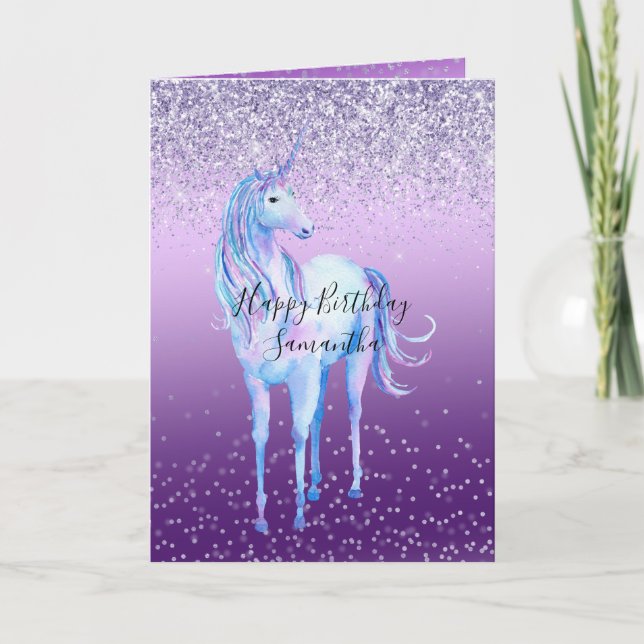 Purple Confetti Ombre Unicorn Glitter Sparkle Card (Front)