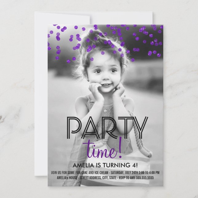 Purple Confetti Photo Birthday Party Invite (Front)